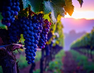 Grapes on the vine with green leaves – vineyard fruit in natural light