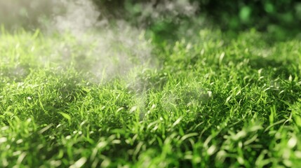 Misty Morning Green Grass: Serene Nature Background Image
