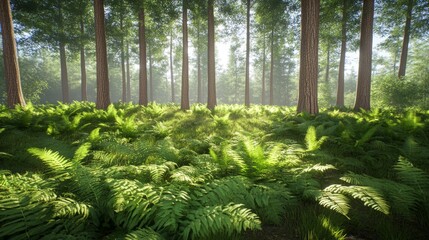 Sunlit Forest Path: Lush Ferns & Towering Trees Stock Photo