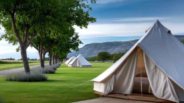 Luxury glamping scene features canvas tents, trees, and manicured lawn against a mountainous backdrop under a partly cloudy sky