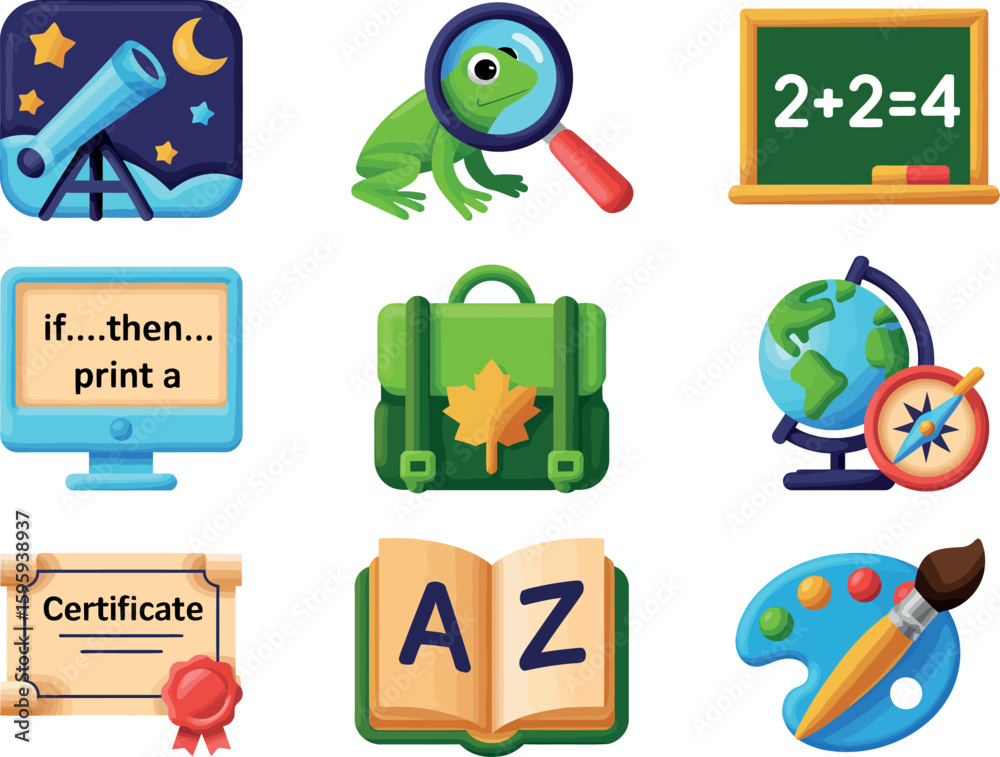 Fototapete a collection of school themed icons including science math art and computer science elements shown