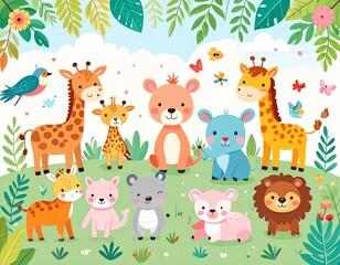 Naklejka premium Colorful cartoon animals in a fun jungle scene.
