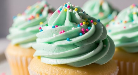 Closeup of a cupcake with green frosting and sprinkles