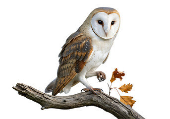 A barn owl perched on a branch with autumn leaves against a black background in a close up shot created with generated ai