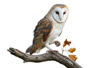 A barn owl perched on a branch with autumn leaves against a black background in a close up shot created with generated ai