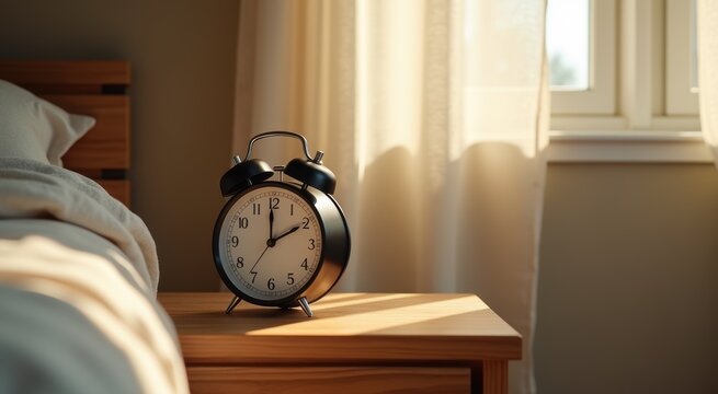 Black alarm clock sitting on a wooden table relaxed slow start of the day