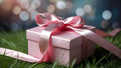 gift box on green grass background