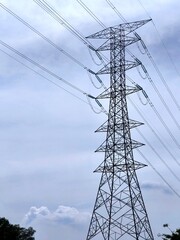 high voltage tower. Standing tall against the backdrop of a clear blue sky, this power line tower plays a crucial role in our electrical supply system.