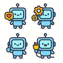 Naklejka premium Cute friendly robots showing thumbs up, gears, heart and power plug, conveying concepts of support, mechanics, love and energy