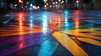 Reflective Wet Asphalt Showing AR Traffic in Neon Colors