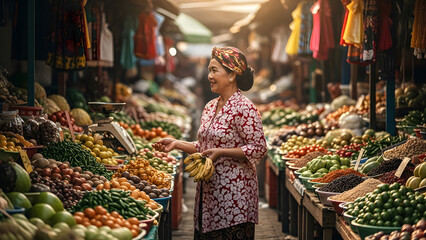 A genuine smile from an attractive older female vendor, surrounded by a colorful array of fresh produce at a vibrant traditional Asian market.