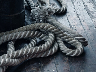 A sailor ropes is laying spread out on a wooden floor