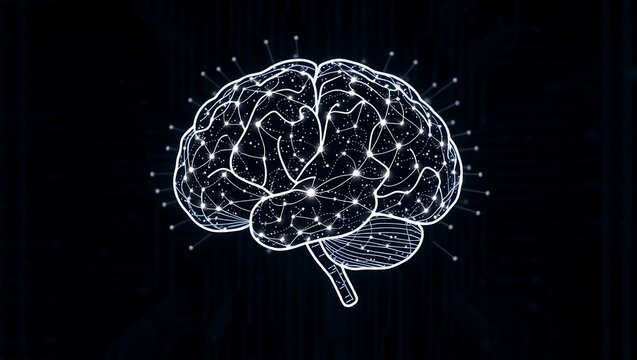 White brain illustration with connecting dots and lines on a black background design concept art