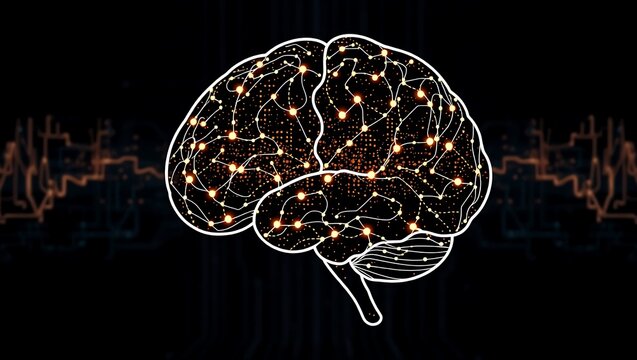 Stylized human brain with glowing nodes and connections on a dark background illustration