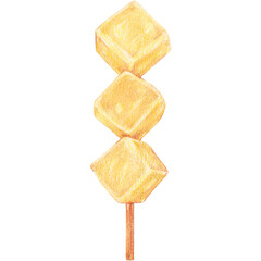 Watercolor Illustration of Skewered Fish Tofu for Hotpot and Street Food