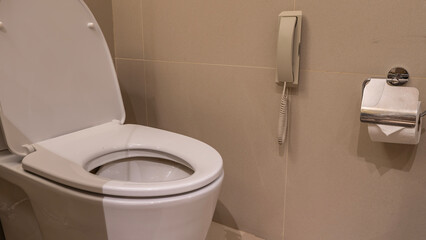 A white porcelain toilet in the corner of the lavatory. The lid is lifted. There's a roll of toilet...