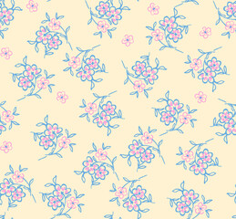  Yellow background pink and blue floral motif seamless pattern for summers
