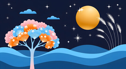 Colorful Fantasy Tree Full Moon and Blue Waves Graphic