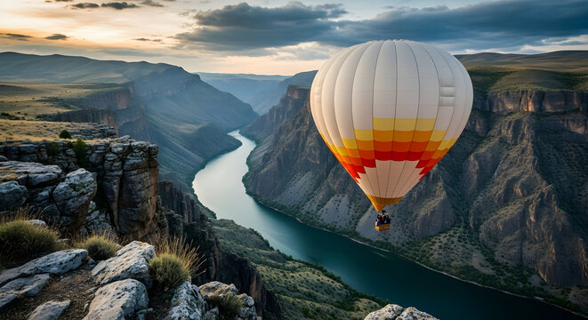 Hot Air Balloon Flying Over Canyon with River and Rocky Cliffs - Powered by Adobe