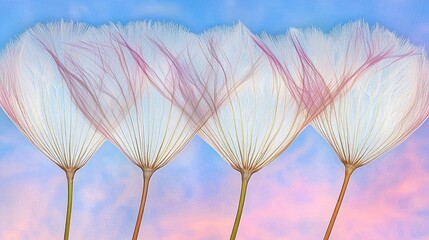 Four detailed dandelion seed heads arranged against a colorful sky background