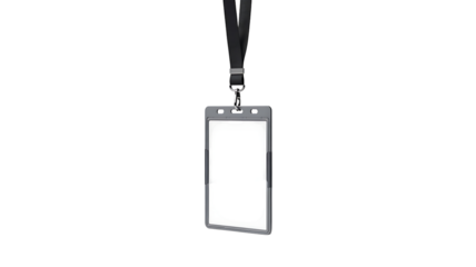 Transparent vertical ID badge holder with black lanyard isolated on white background
