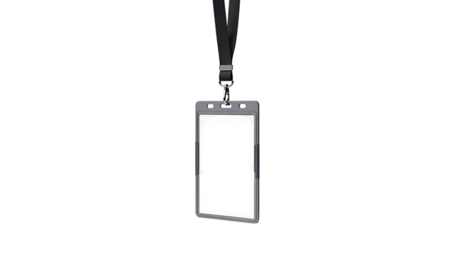 Transparent vertical ID badge holder with black lanyard isolated on white background
