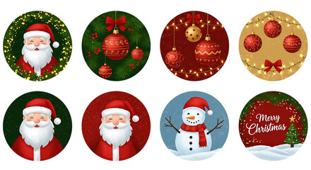 Fototapeta premium Collection of festive christmas oval designs featuring santa claus snowman and ornaments isolated on transparent background