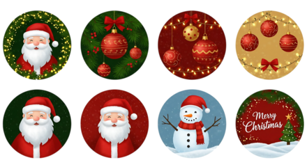 Collection of festive christmas oval designs featuring santa claus snowman and ornaments isolated on transparent background