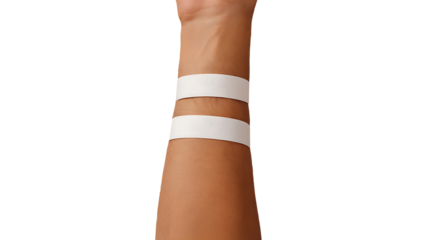 Arm with two white adhesive bandages on skin isolated on white background
