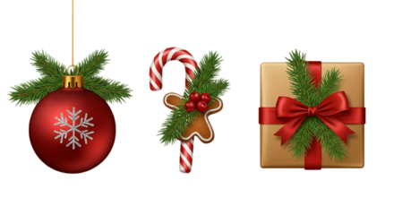 Festive christmas ornaments including a red bauble gingerbread man candy cane and wrapped gift isolated on transparent background