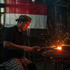 Indonesian Blacksmith Forging Metal with Traditional Techniques in a Workshop