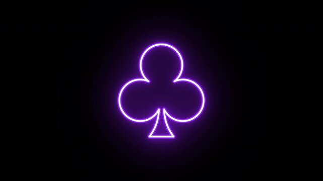 Neon club ace animation, uniform rotation with color blink. Glowing neon 3D club suit icon, looped spin with blink. Casino playroom, poker game, clubs suit, gambling card, trefoil sign. 3 colors