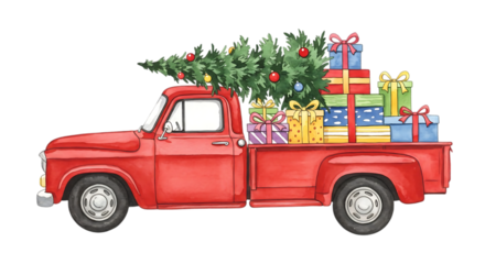 Vintage red pickup truck loaded with a christmas tree and colorful presents isolated on transparent background