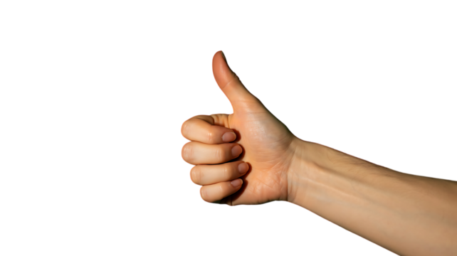 Hand showing thumbs up gesture isolated on white background for approval concept
