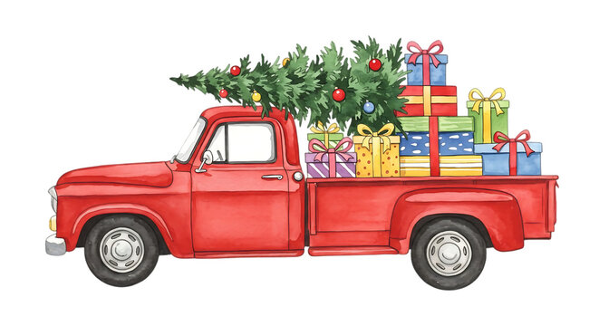 Vintage red pickup truck loaded with a christmas tree and colorful presents isolated on transparent background