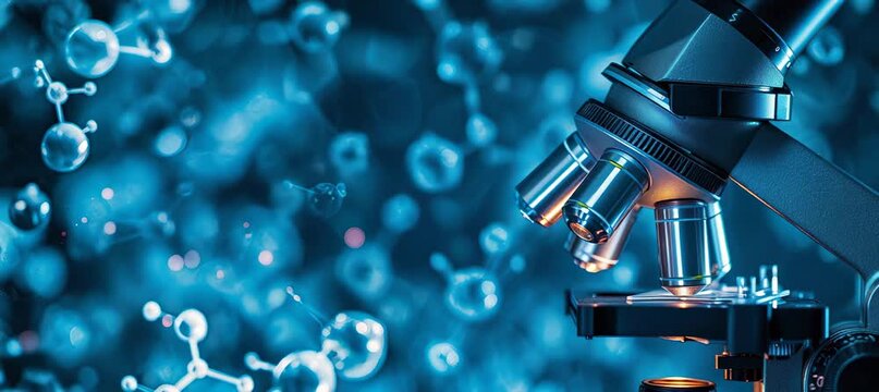 Microscope with bokeh molecule background. Science education. Generative video AI technology.	
