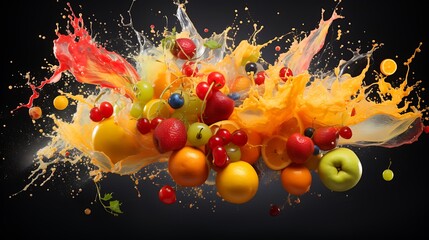 Vibrant Splash of Mixed Fruits Apples, Oranges, Strawberries, Cherries, and Grapes in Juice