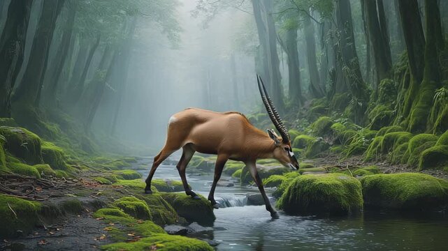 A rare saola moves slowly along a riverbank in a serene Vietnamese forest. The environment features wet stones and low-hanging mist, creating a mystical atmosphere that enhances the moment