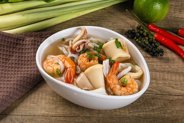 Vietnamese Pho Bo soup with seafood