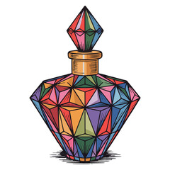 Vintage perfume bottle illustration with colorful geometric design vector graphic resource art