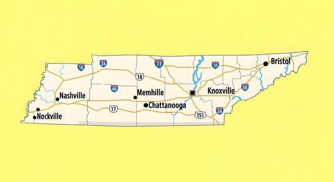 Tennessee State Map: Highways, Cities, and Geographic Representation.