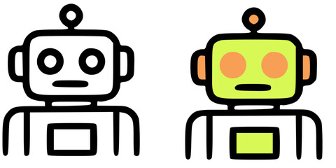Naklejka premium Two simple line art robot illustrations, one black and white, the other a light lime green.