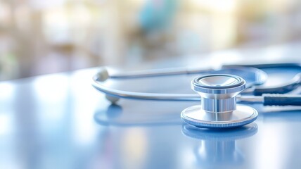 Stethoscope on reflective surface A symbol of modern healthcare, medical precision, and dedication to patient well-being. Essential for diagnostics and professional care.