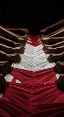 Collaborative Weaving: Hands Intertwining Red and White Threads in Intricate Pattern