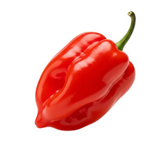 A single ripe red habanero chili pepper with a smooth glossy surface and curved green stem. PNG Transparent