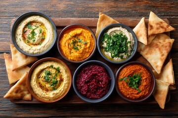 Assorted mediterranean dips with pita bread on wooden platter.