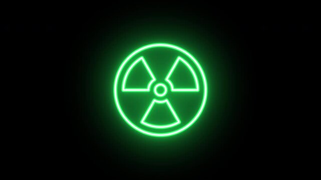 Neon radiation sign, uniform rotation with color blink. Glowing neon 3D radioactive zone icon, looped spin with blink. Nuclear energy, radiation zone warning, atomic reactor, nuclear waste. 3 colors