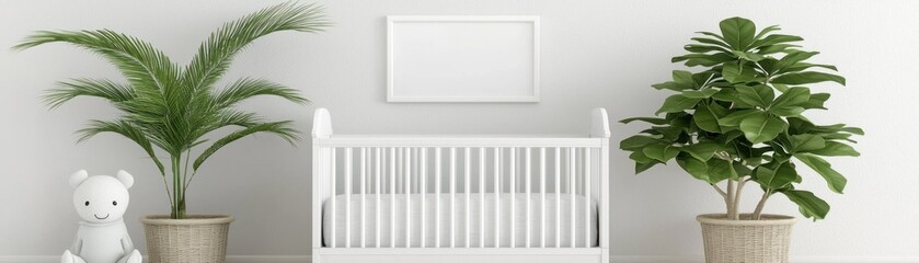 A childs nursery room with a crib and plants
