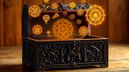 Ornate wooden chest with glowing symbols floating above it on a wooden surface background