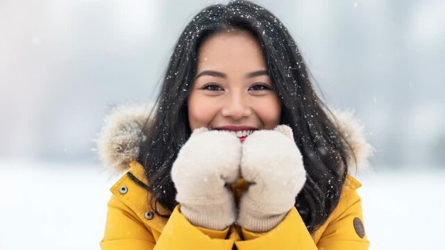 Woman in yellow jacket enjoying winter snowfall with playful smile and cozy mittens